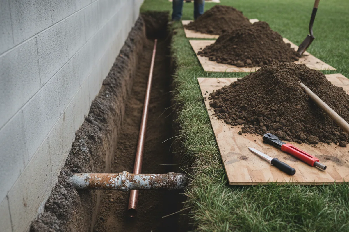 Excavated water line trench during Sewer Line Repair in Southlake